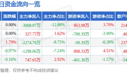 股票行情快报：长信科技（300088）8月13日主力资金净卖出3008.07万元