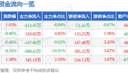 股票行情快报：徐家汇（002561）7月24日主力资金净卖出613.45万元