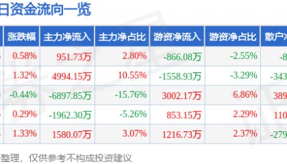 股票行情快报：华夏银行（600015）3月11日主力资金净买入951.73万元