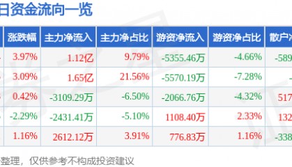 股票行情快报：高德红外（002414）10月9日主力资金净买入1.12亿元