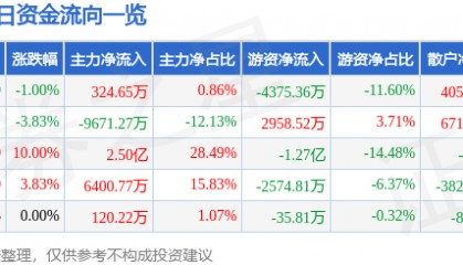 股票行情快报：美邦服饰（002269）7月11日主力资金净买入324.65万元