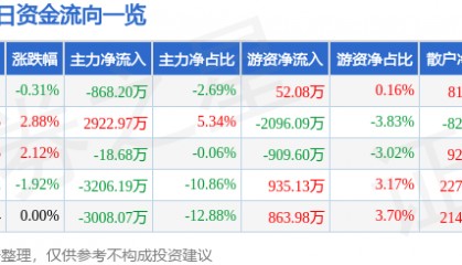 股票行情快报：长信科技（300088）8月19日主力资金净卖出868.20万元
