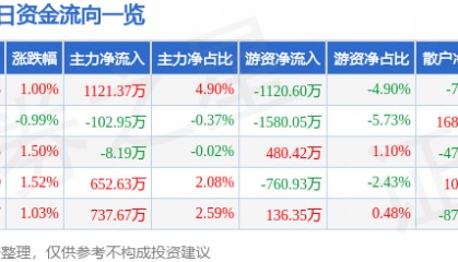 股票行情快报：美邦服饰（002269）8月25日主力资金净买入1121.37万元