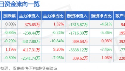 股票行情快报：大唐发电（601991）8月13日主力资金净买入375.85万元
