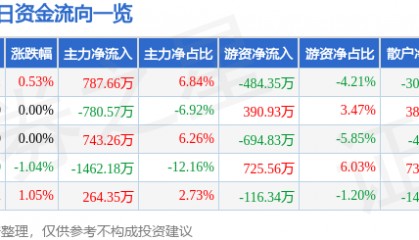 股票行情快报：美邦服饰（002269）8月11日主力资金净买入787.66万元